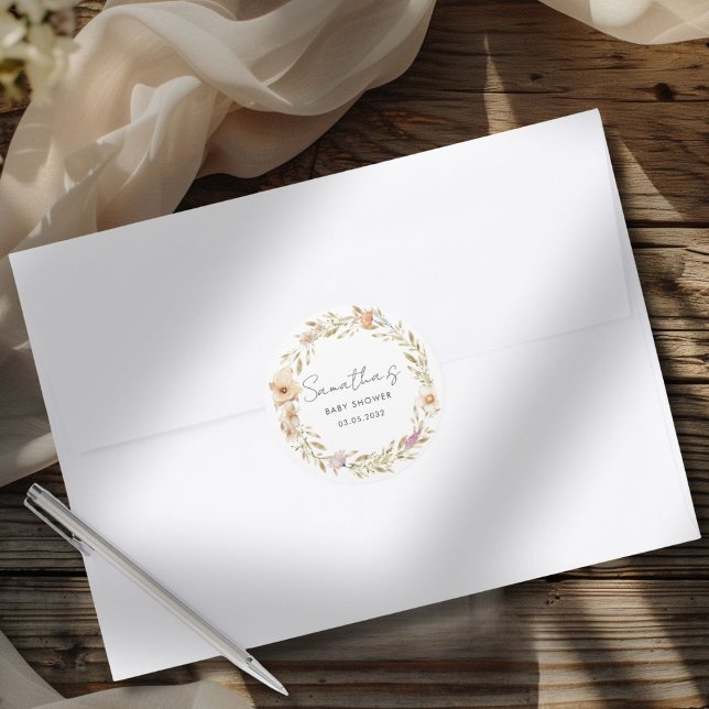 Adesivo Redondo Chá de Bebê Floral Boho (Boho Flower Baby Shower Custom Classic Round Sticker with your Name & Date. For Baby Girl & Baby Boy)