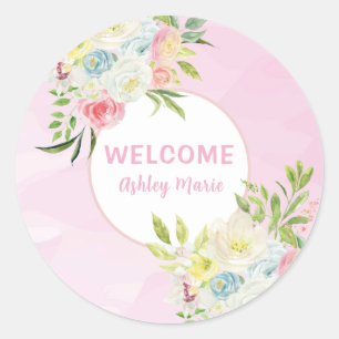 Adesivo Redondo Chá de Bebê Floral em Aquarela Rosa Personalizável