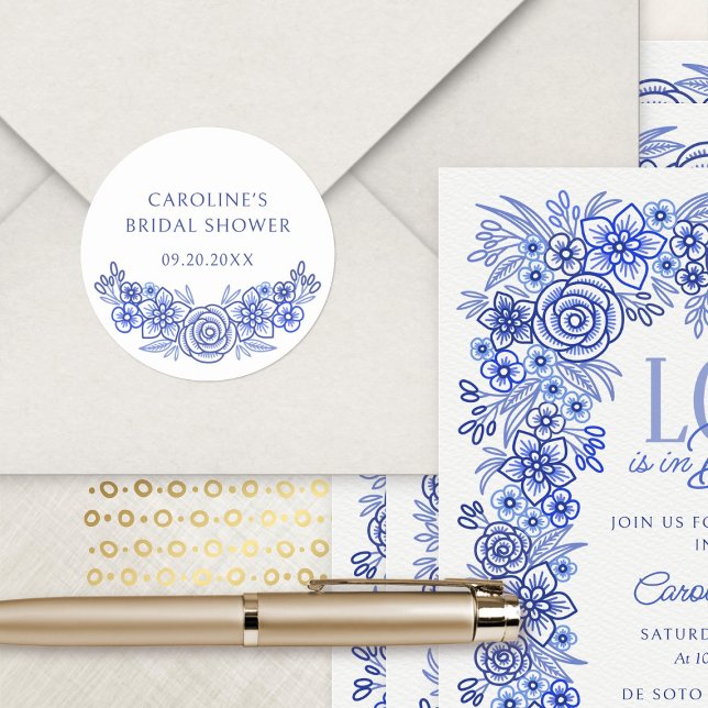 Adesivo Redondo Chá de Bebê Floral Francês Azul para Noiva (Criador carregado)