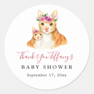 Adesivo Redondo Chá de Bebê Floral Mamãe e Gatinho Obrigado