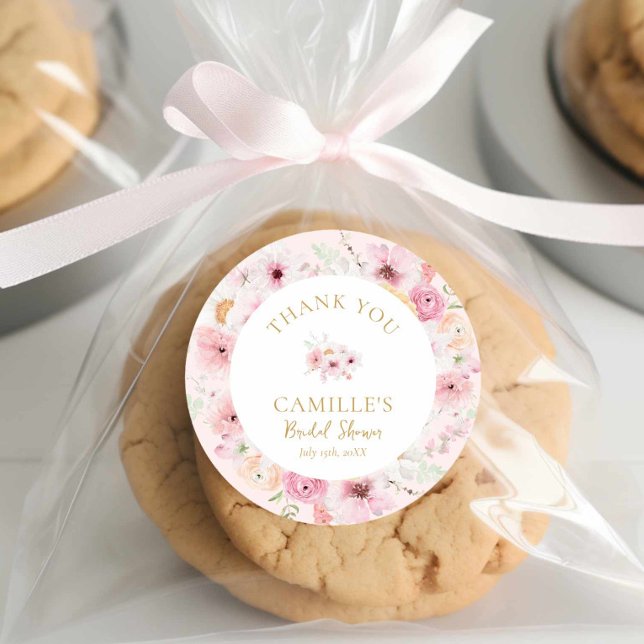 Adesivo Redondo Chá de Bebê Floral Rosa Elegante (Cute Watercolor Pink floral Bridal Shower Round sticker)
