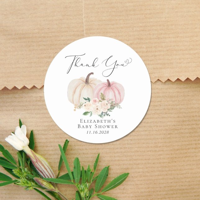 Adesivo Redondo Chá De Bebê Floral Rosa-Pumpkin Obrigado (Criador carregado)