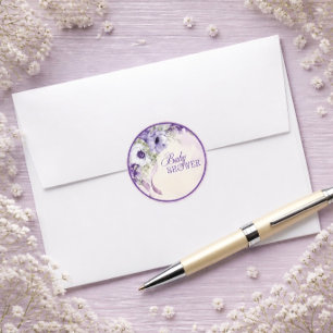 Adesivo Redondo Chá de Bebê Floral Roxo Elegante