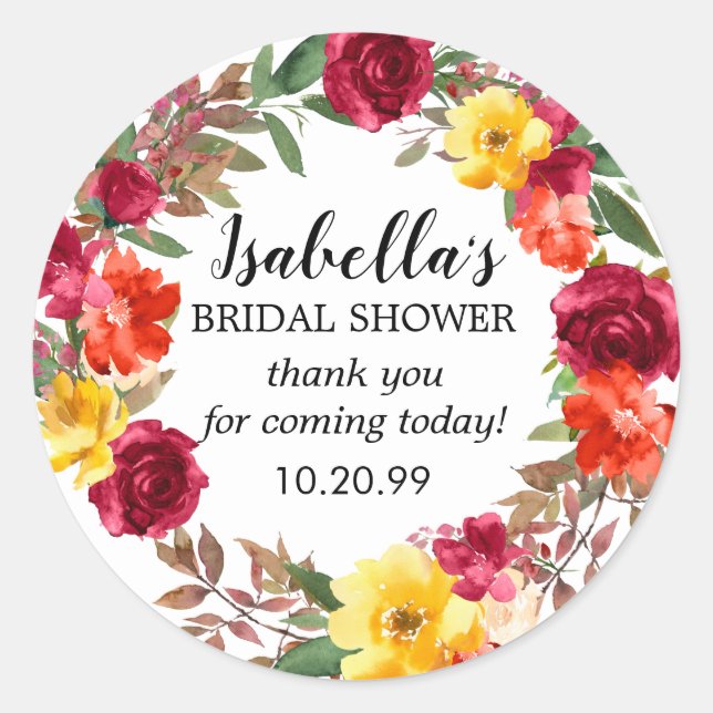 Adesivo Redondo Chá de Bebê Floral Vermelho Laranja Amarelo Borgon (Frente)