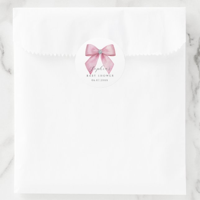 Adesivo Redondo Chá de Bebê Fofo com Laço Rosa (Bolsa)