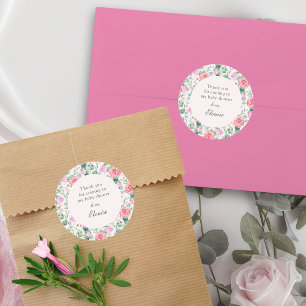 Adesivo Redondo Chá de Bebê Jardim Floral Aquarela Rosas Rosa
