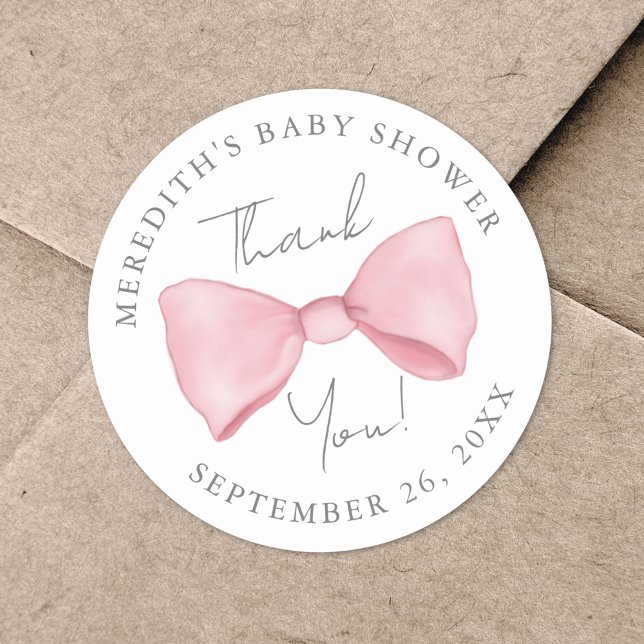 Adesivo Redondo Chá de Bebê Laço Rosa (Pink Bow Baby Shower Classic Round Sticker)