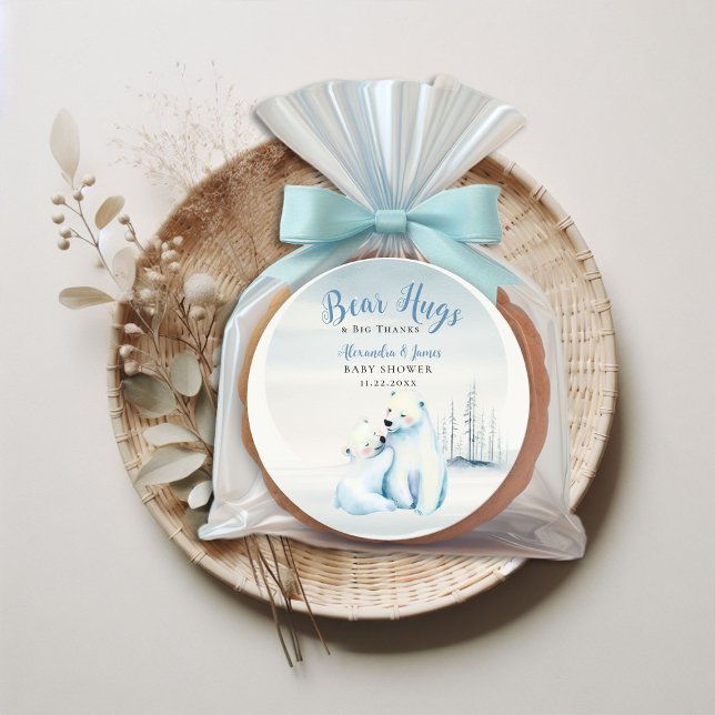 Adesivo Redondo Chá de Bebê-Mamãe Polar de Espera (winter boy baby shower bearly wait polar bear mama cub watercolor cute adorable thank you sticker)