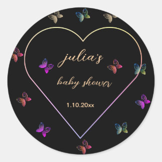 Adesivo Redondo Chá de bebê menina Borboleta Coração Rosa