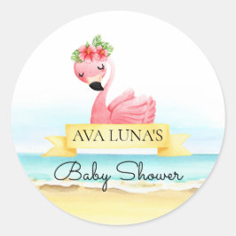 Adesivo Redondo Chá de Bebê Menina Flamingo Rosa