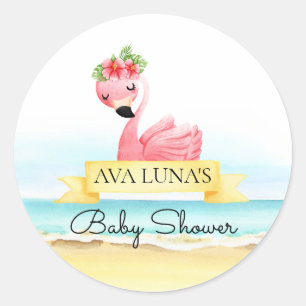 Adesivo Redondo Chá de Bebê Menina Flamingo Rosa