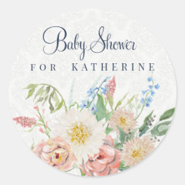 Adesivo Redondo Chá de Bebê Menina Rosa Bege Flora Folhagem Verde