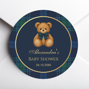 Adesivo Redondo Chá de Bebê Menino Urso Teddy Azul Marinho Xadrez
