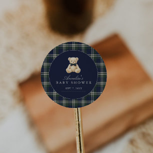 Adesivo Redondo Chá de Bebê Menino Urso Teddy Xadrez Preppy Polo