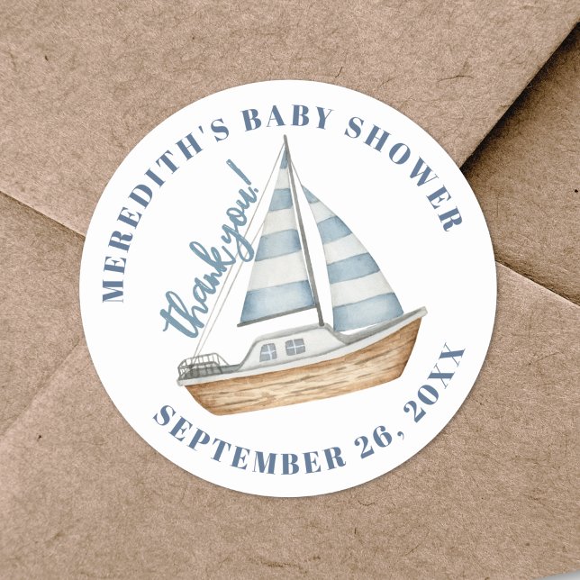 Adesivo Redondo Chá de Bebê Náutico de Vela (Sailboat Nautical Baby Shower Classic Round Sticker)