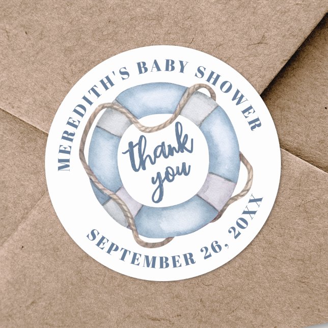 Adesivo Redondo Chá de Bebê Náutico Obrigado (Nautical Baby Shower Thank You Classic Round Sticker )