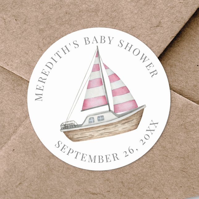 Adesivo Redondo Chá de Bebê Náutico Rosa (Pink Nautical Baby Shower Classic Round Sticker)