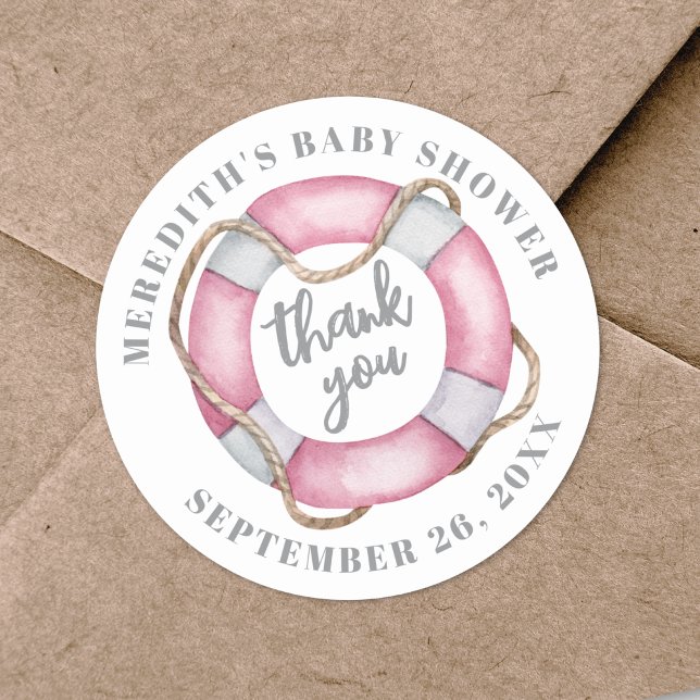 Adesivo Redondo Chá de Bebê Náutico Rosa (Pink Nautical Baby Shower Classic Round Sticker
)