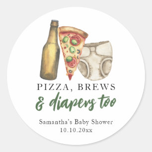 Adesivo Redondo Chá de Bebê Pizza, Cervejas e Fraldas também