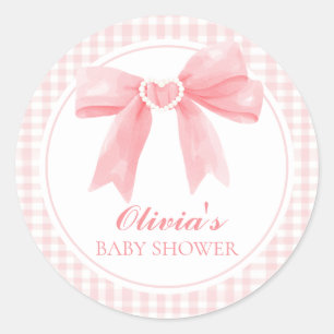 Adesivo Redondo Chá de bebê préppy com laço rosa e xadrez gingham
