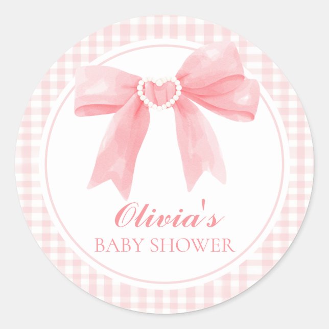 Adesivo Redondo Chá de bebê préppy com laço rosa e xadrez gingham (Frente)