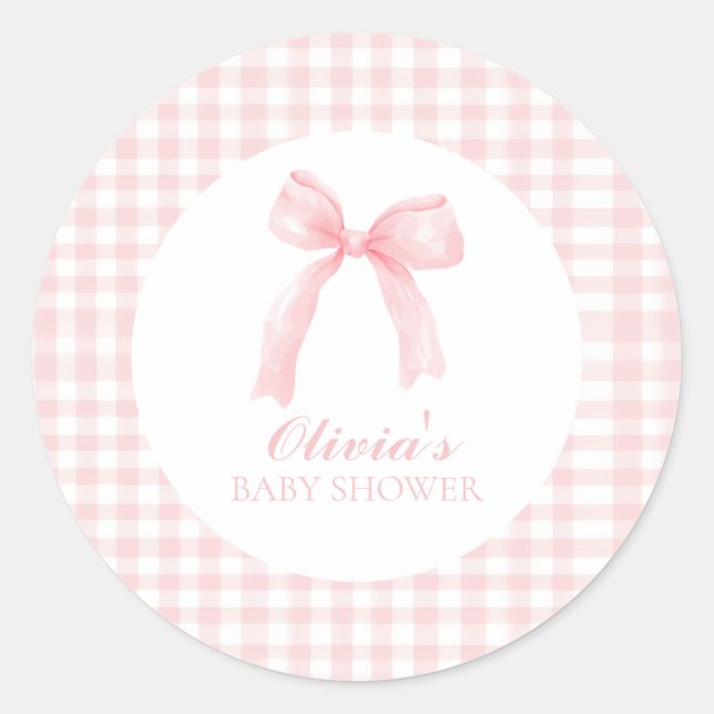 Adesivo Redondo Chá de bebê préppy com laço rosa e xadrez gingham (Frente)
