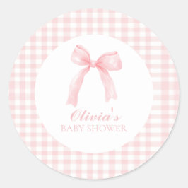 Adesivo Redondo Chá de bebê préppy com laço rosa e xadrez gingham