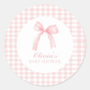 Adesivo Redondo Chá de bebê préppy com laço rosa e xadrez gingham