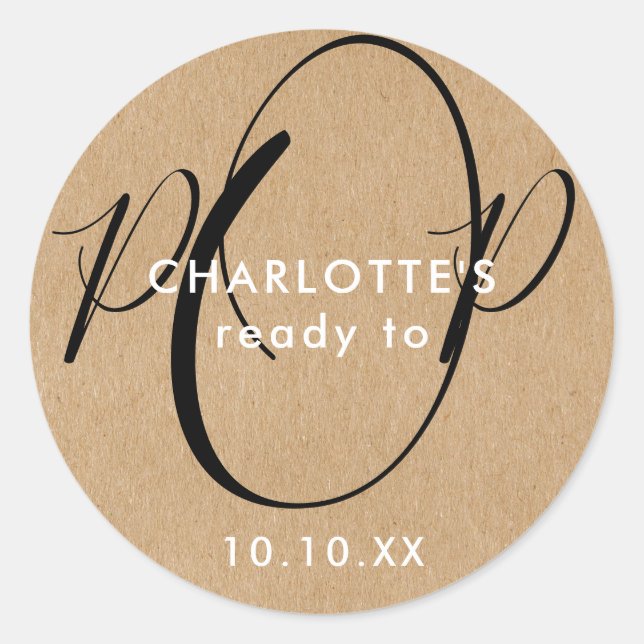 Adesivo Redondo Chá de Bebê Pronto para Nascer Rustico Chic Letra (Frente)
