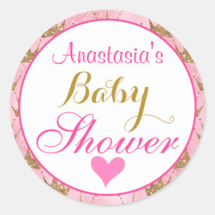 Adesivo Redondo Chá de Bebê Rosa e Dourado Brilho Princesa Menina