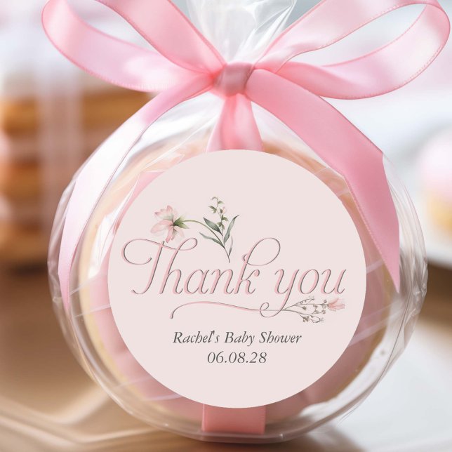 Adesivo Redondo Chá de Bebê Rosa Elegante obrigado de script Elega (Elegant Pink Wildflower, Baby Girl shower favor thank you stickers.)