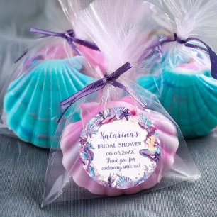 Adesivo Redondo Chá de Bebê Sereia Debaixo do Mar Roxo Turquesa