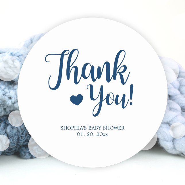 Adesivo Redondo Chá de Bebê Simples Gratidão Marinho (Simple Navy Thank You Baby Shower Classic Round Sticker)