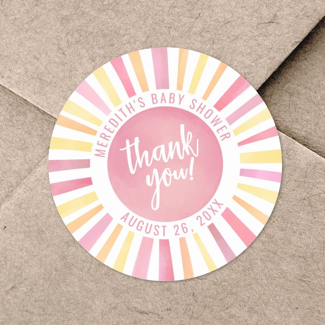 Adesivo Redondo Chá de Bebê Sol Rosa (Pink Sun Baby Shower Classic Round Sticker)