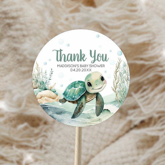 Adesivo Redondo Chá de Bebê Tartaruga Marinha (Sea Turtle Baby Shower Sticker)