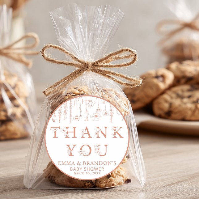 Adesivo Redondo Chá de Bebê Terracota de Flores Silvestres Obrigad (Thank You Terracotta Wildflower Sticker)