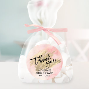 Adesivo Redondo Chá de Bebê Traço de Pincel Dourado Aquarela Rosa