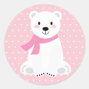 Adesivo Redondo Chá de Bebê Urso Polar Menina Rosa