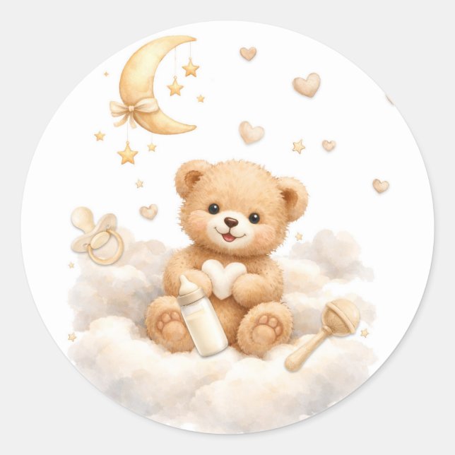 Adesivo Redondo Chá de Bebê Urso Teddy Mal Podemos Esperar (Frente)