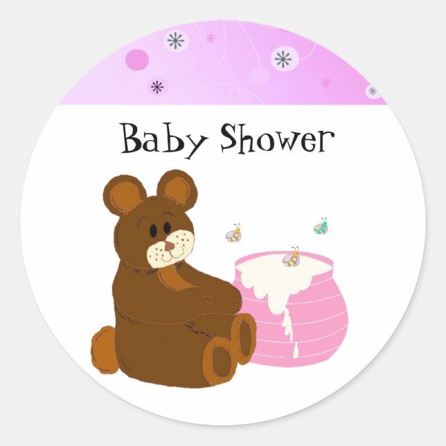 Adesivo Redondo Chá de Bebê Urso Teddy Rosa (Frente)