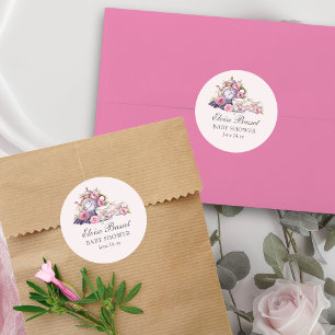 Adesivo Redondo Chá de Bebê Vintage com Rosas Cor-de-Rosa