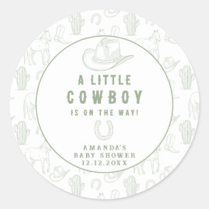 Adesivo Redondo Chá de Bebê Western Toile de Jouy Verde Cowboy