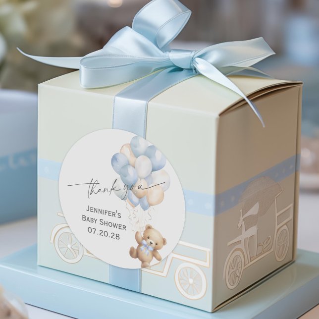 Adesivo Redondo Chá de Bebezinho, Esperança Azul, Obrigado (Blue Bearly wait, Modern baby Boy Shower Thank You Sticker.)