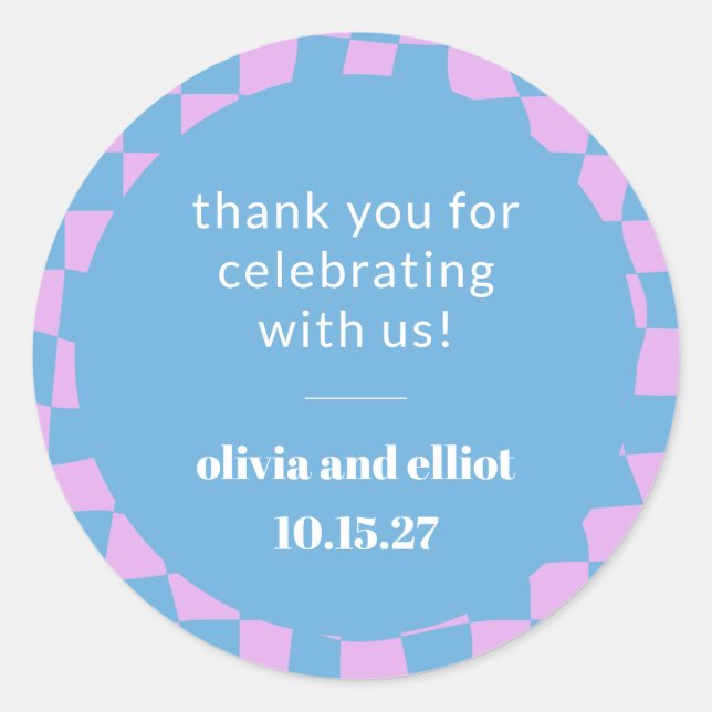 Adesivo Redondo Chá de Casal com Xadrez Roxo Retrô Personalizado (Frente)