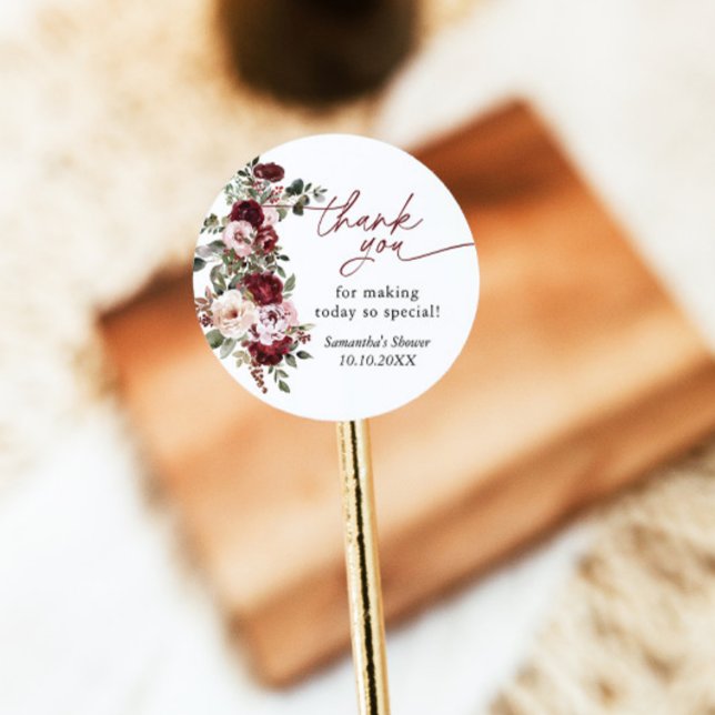 Adesivo Redondo Chá De Flores Rosa Blush Burgundy - Obrigado (Criador carregado)