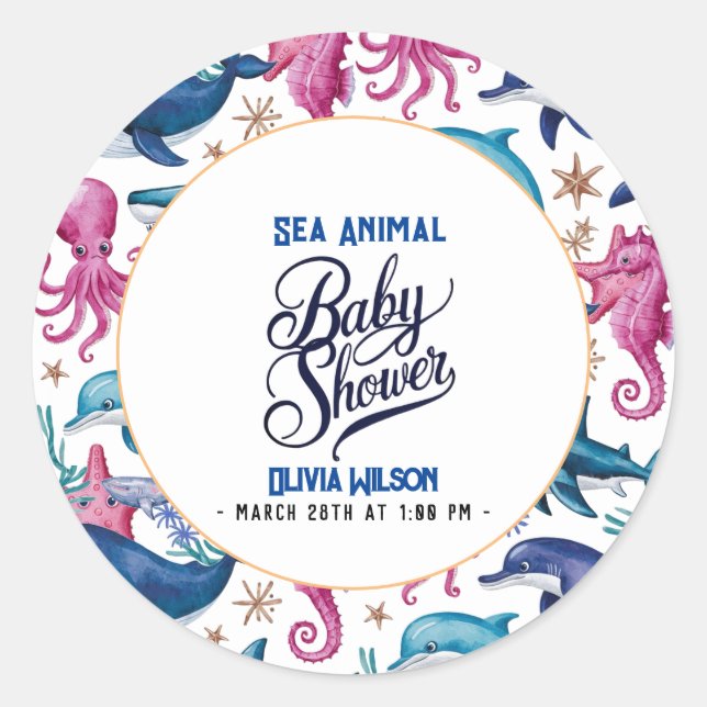 Adesivo Redondo Chá de fraldas-5 do mar, elegante e moderno, (Frente)