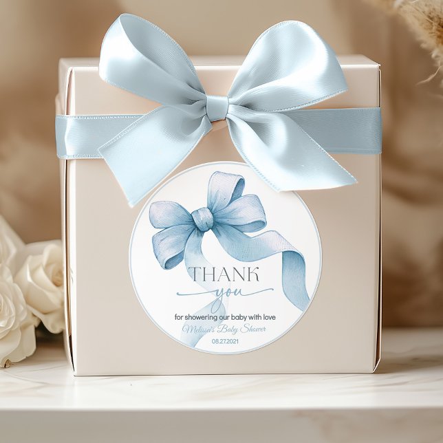 Adesivo Redondo Chá de fraldas arco Coquette Boy (Blue bow Coquette boy baby shower personalized sticker)
