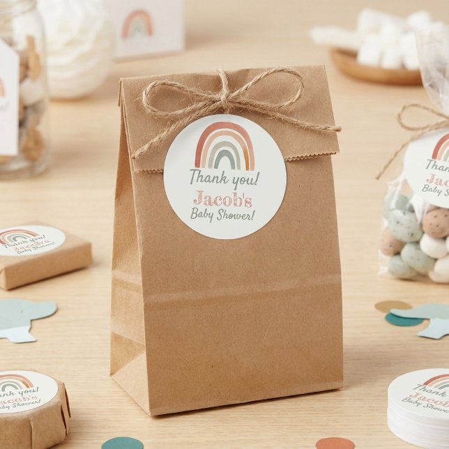 Adesivo Redondo Chá de fraldas arco-íris russo obrigado você (Rustic rainbow baby shower thank you classic round sticker.)