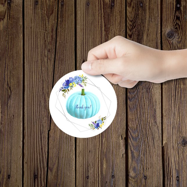 Adesivo Redondo Chá de fraldas Azul de Abóbora Aqua Obrigado (Criador carregado)