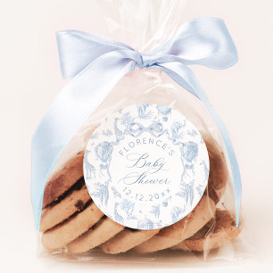 Adesivo Redondo Chá de fraldas Azul Elegante Toile de Jouy Safari